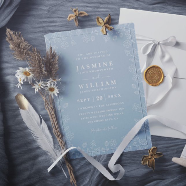Convites Casamento Código QR Floral Branco e Azul Elegante  (Criador carregado)