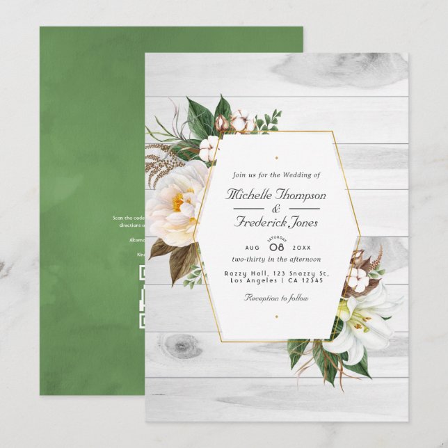 Convites Casamento Código QR Floral Branco Rústico País Cel (Frente/Verso)