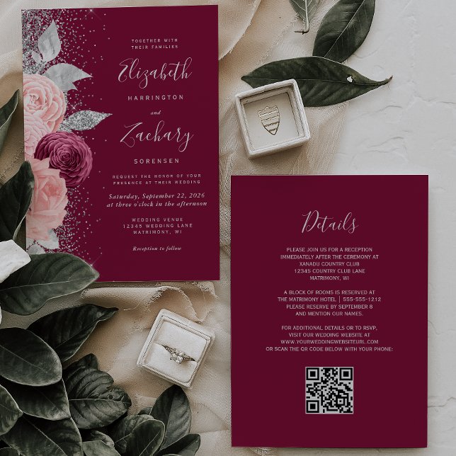 Convites Casamento Código QR Floral Burgundy Blush Prata (Criador carregado)