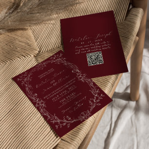 Convites Casamento Código QR Floral Burgundy Clássico Dinhe