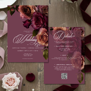 Convites Casamento Código QR Floral Burgundy Elegante e Som