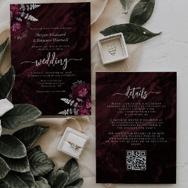 Convites Casamento Código QR Floral Burgundy Elegante Prata