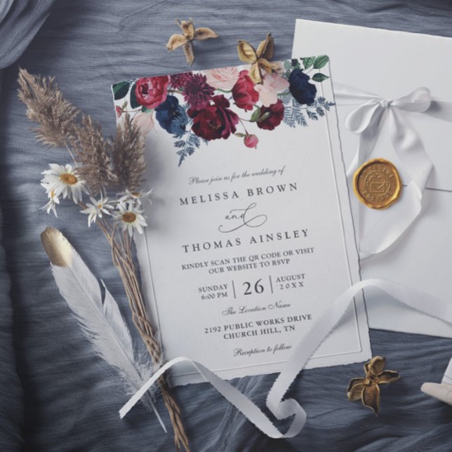 Convites Casamento Código QR Floral Burgundy Navy Rústico C (Criador carregado)