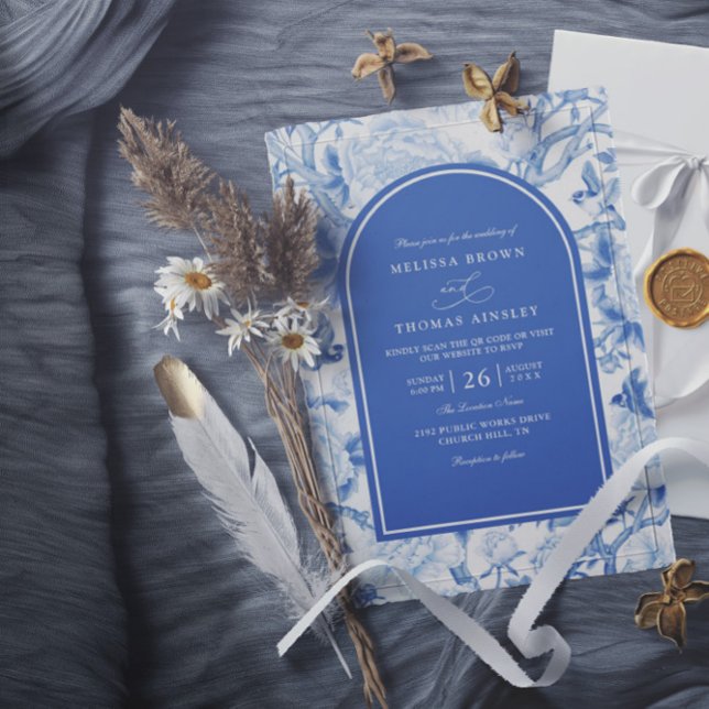Convites Casamento Código QR Floral Chinois Branco Azul Del (Criador carregado)