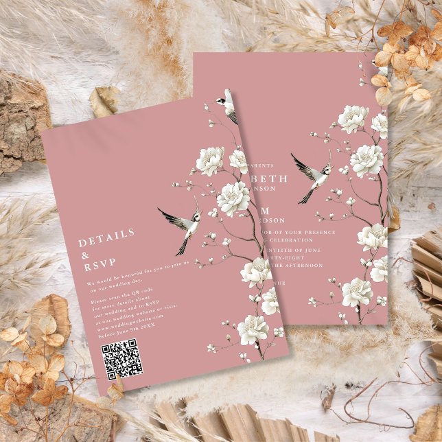 Convites Casamento Código QR Floral Chinoiserie Rosa Empoei (Dusty Rose Chinoiserie Floral QR Code Wedding Invitation)