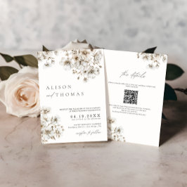 Convites Casamento Código QR Floral Creme Boho Rústico
