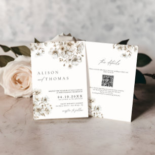 Convites Casamento Código QR Floral Creme Boho Rústico