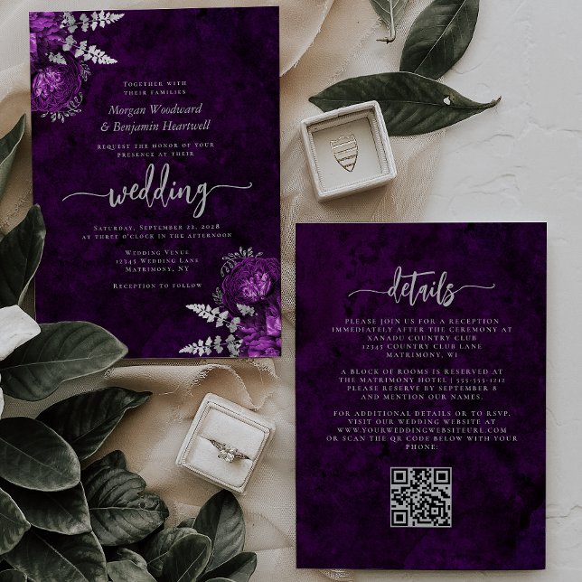Convites Casamento Código QR Floral de Ameixa Elegante Prat (Criador carregado)