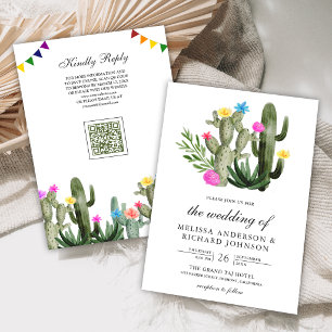 Convites Casamento Código QR Floral de Cactus Fiesta Mexica
