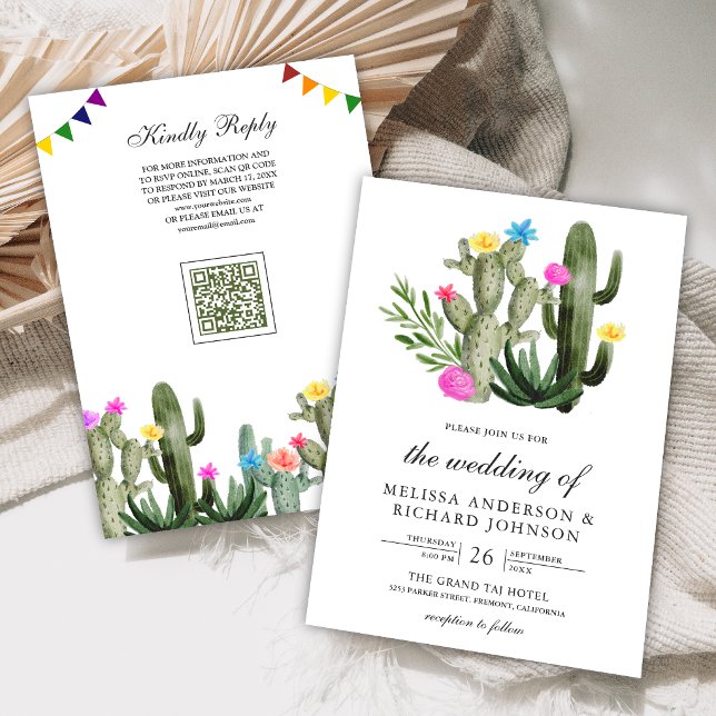 Convites Casamento Código QR Floral de Cactus Fiesta Mexica (Criador carregado)