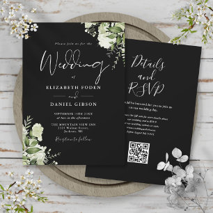 Convites Casamento Código QR Floral de Folhagem Preto e Bra
