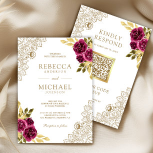 Convites Casamento Código QR Floral de Renda Magenta Fuchsi