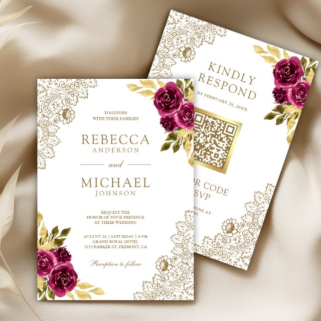Convites Casamento Código QR Floral de Renda Magenta Fuchsi (Criador carregado)