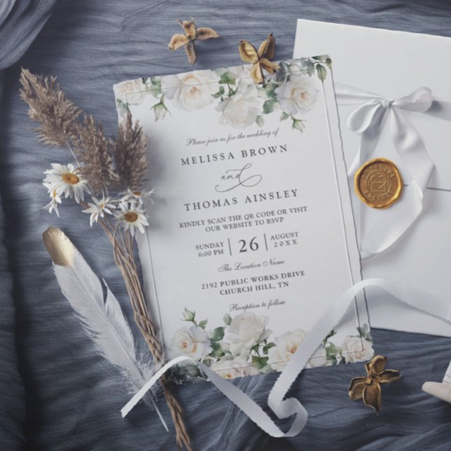 Convites Casamento Código QR Floral de Rosas Brancas Marfim (Criador carregado)