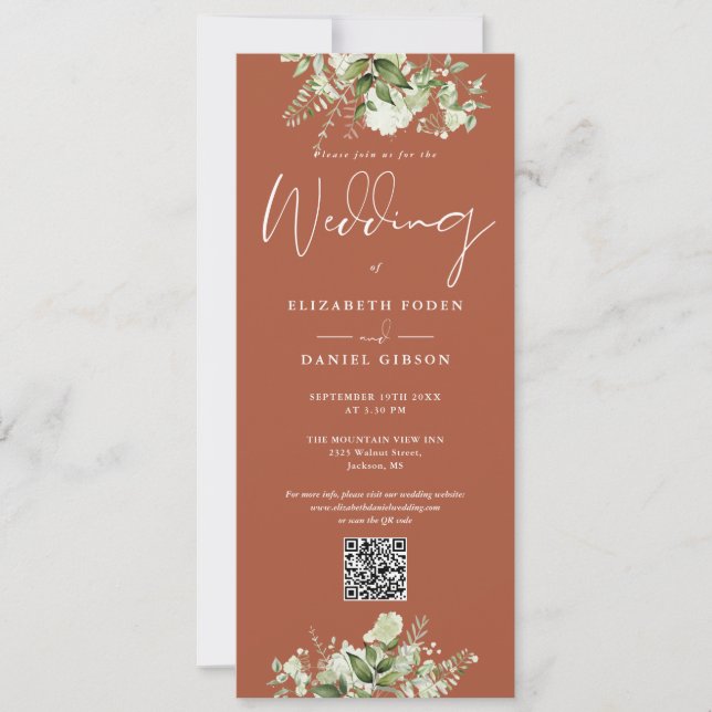 Convites Casamento Código QR Floral de Terracota Verde (Frente)
