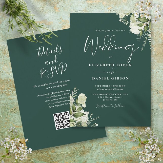 Convites Casamento Código QR Floral de Verdor Esmeralda (Emerald Greenery Floral QR Code Wedding Invitation)