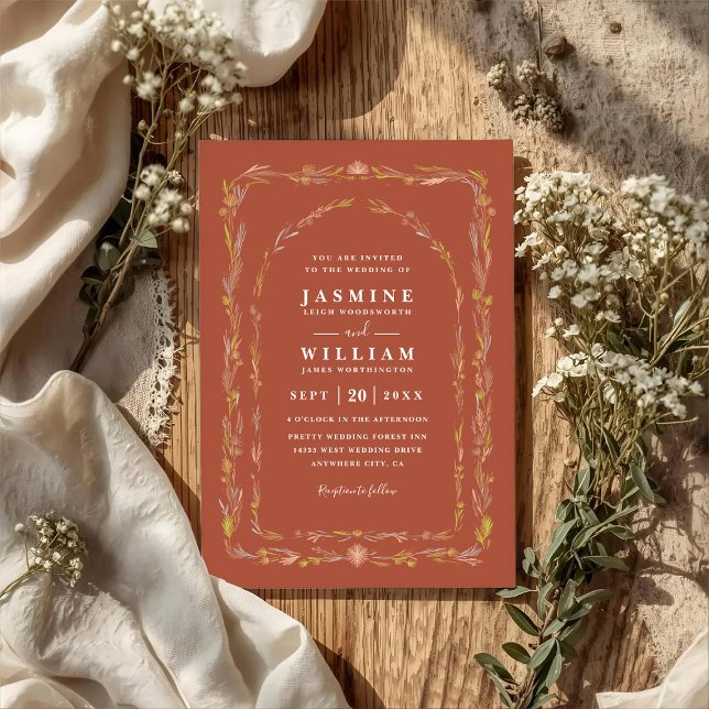 Convites Casamento Código QR Floral Delicado Boho Terracota (Criador carregado)