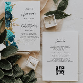 Convites Casamento Código QR Floral Dourado Água-Marinha