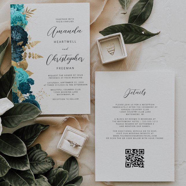 Convites Casamento Código QR Floral Dourado Água-Marinha (Criador carregado)