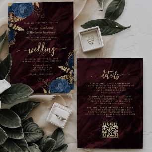 Convites Casamento Código QR Floral Dourado Azul Naval Burg