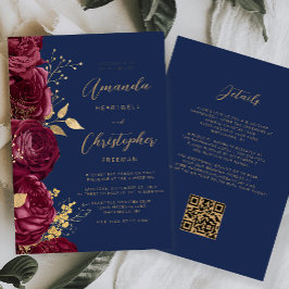 Convites Casamento Código QR Floral Dourado Borgonha