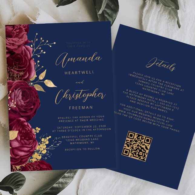 Convites Casamento Código QR Floral Dourado Borgonha (Criador carregado)