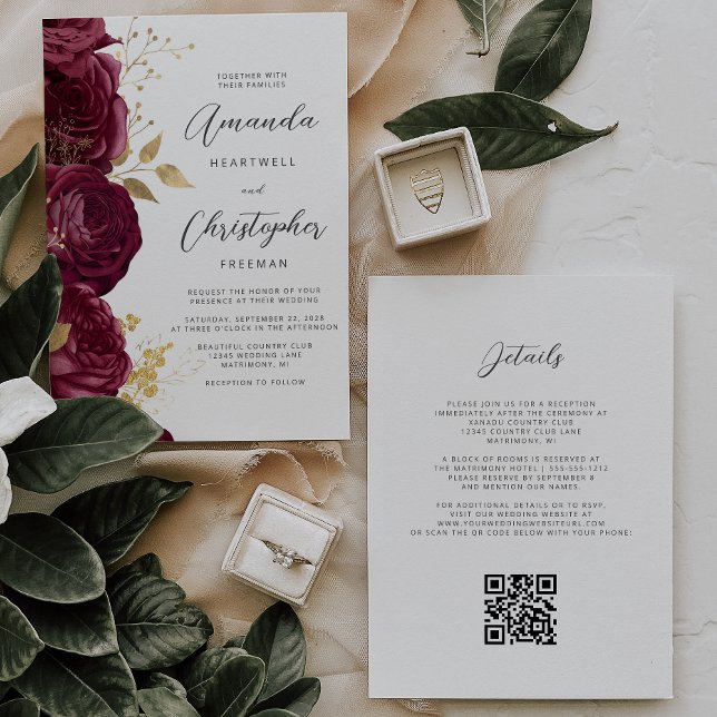 Convites Casamento Código QR Floral Dourado Borgonha (Criador carregado)