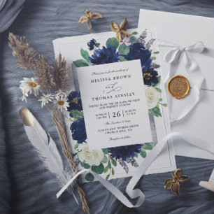 Convites Casamento Código QR Floral Elegante Azul Marinho P