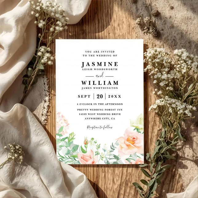 Convites Casamento Código QR Floral Elegante Pêssego e Verd (Criador carregado)
