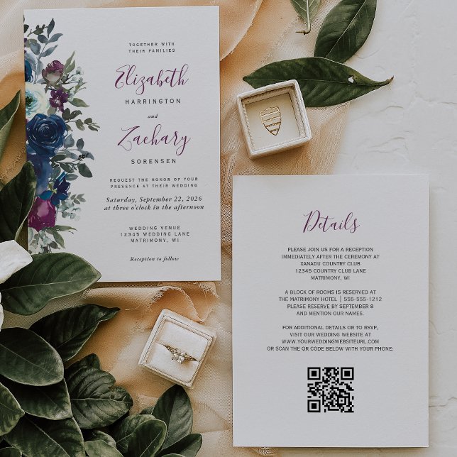 Convites Casamento Código QR Floral em Aquarela Azul Naval  (Criador carregado)