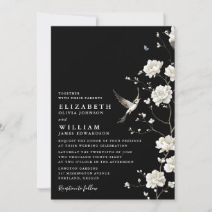 Convites Casamento Código QR Floral em Preto e Branco Chino