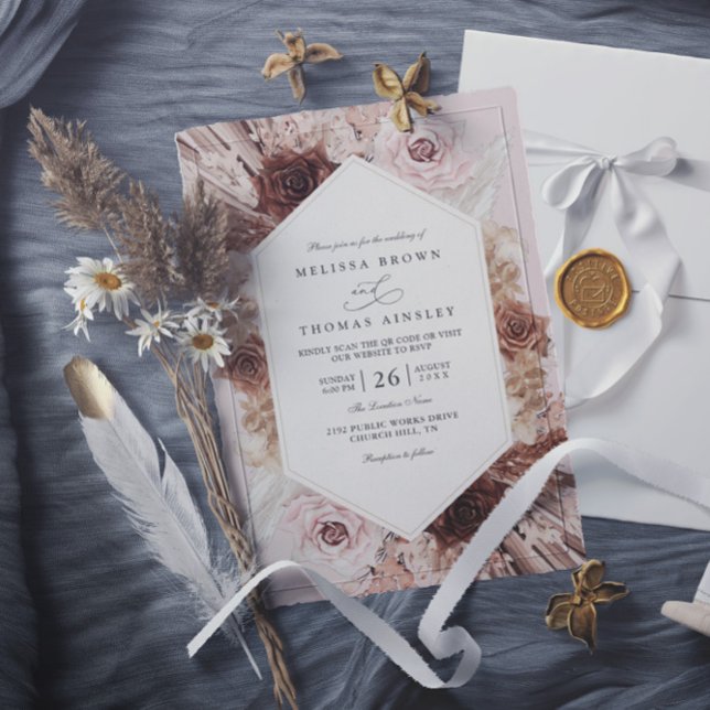 Convites Casamento Código QR Floral Empoeirado Boho Pampas  (Criador carregado)