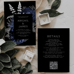 Convites Casamento Código QR Floral Escuro Azul Naval Prata