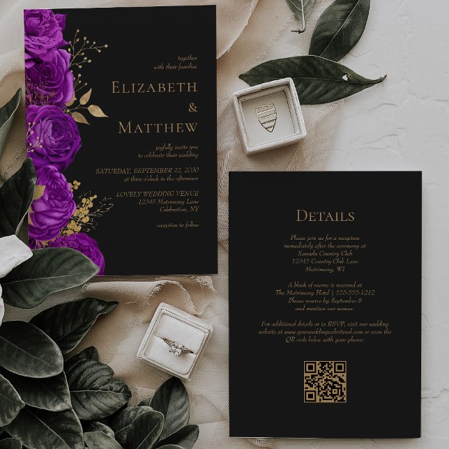 Convites Casamento Código QR Floral Escuro Dourado Romântic (Criador carregado)