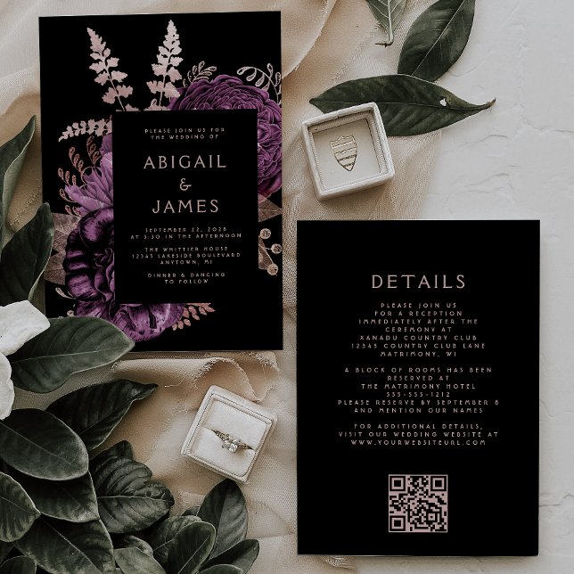 Convites Casamento Código QR Floral Escuro Mal-humorado Ros (Criador carregado)
