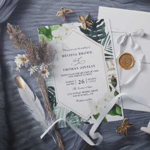 Convites casamento código qr floral folhas de palmeira trop