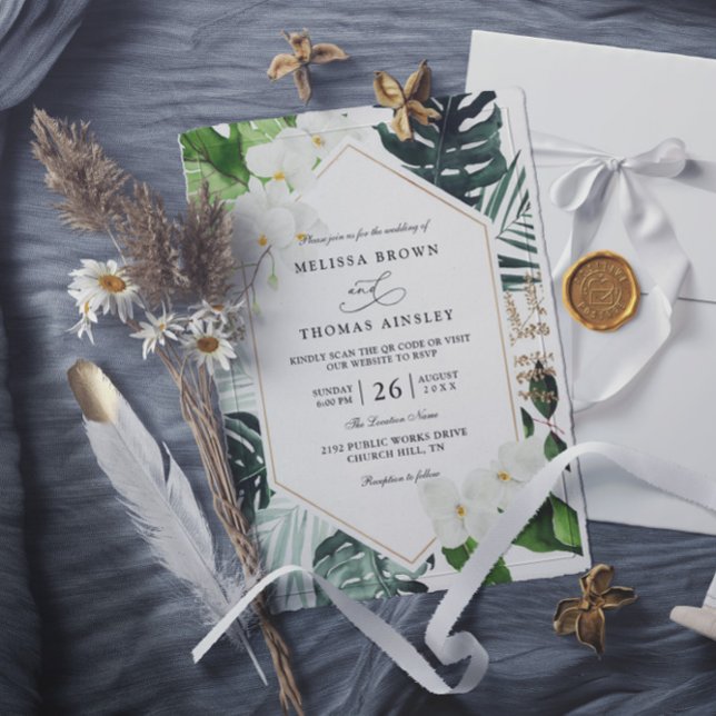 Convites casamento código qr floral folhas de palmeira trop (Criador carregado)