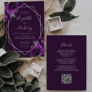 Convites Casamento Código QR Floral Geométrico Prata Roxo