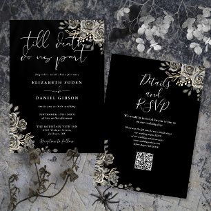Convites Casamento Código QR Floral Gótico Preto e Branco