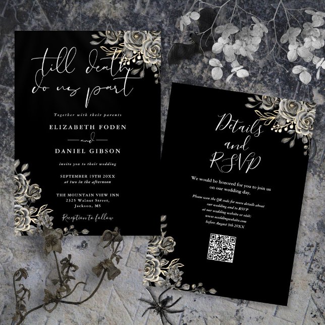Convites Casamento Código QR Floral Gótico Preto e Branco (Black And White Gothic Floral QR Code Wedding Invitation)