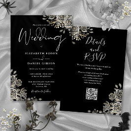 Convites Casamento Código QR Floral Gótico Preto e Branco