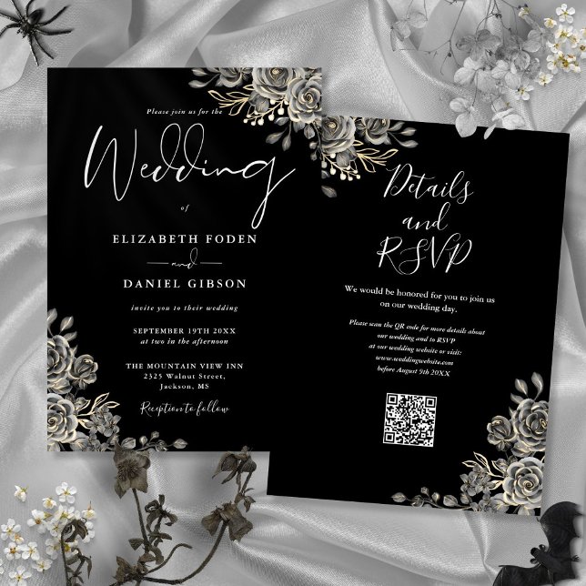 Convites Casamento Código QR Floral Gótico Preto e Branco (Black And White Gothic Floral QR Code Wedding Invitation)