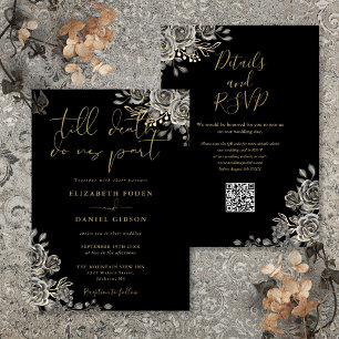 Convites Casamento Código QR Floral Gótico Preto e Dourado