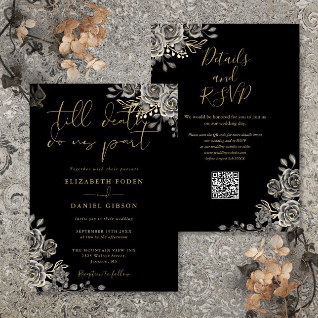 Convites Casamento Código QR Floral Gótico Preto e Dourado (Black And Gold Gothic Floral QR Code Wedding Invitation)