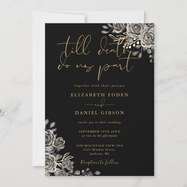 Convites Casamento Código QR Floral Gótico Preto e Dourado (Frente)