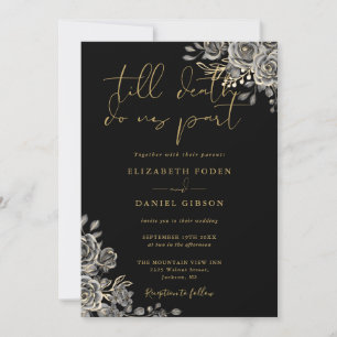 Convites Casamento Código QR Floral Gótico Preto e Dourado