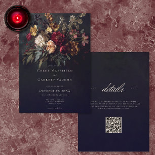Convites Casamento Código QR Floral Gótico Sombrio Romântic