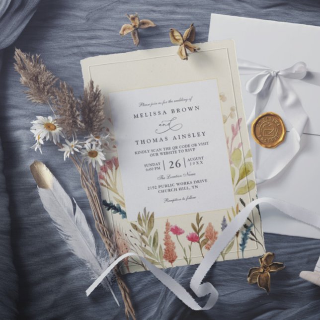 Convites Casamento código qr floral grama boho seco aquarel (Criador carregado)