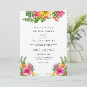 Convites Casamento Código QR Floral Hibisco Tropical Elegan