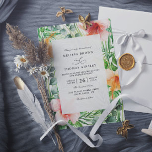Convites Casamento Código QR Floral Hibisco Tropical Paraís